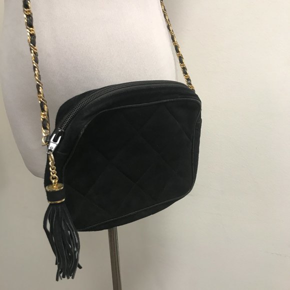 Saks Fifth Avenue black suede gold woven chain channel quilted crossbody bag - Picture 1 of 3